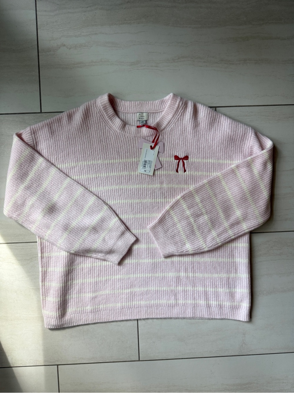 a new day Pink & Cream Striped Crewneck Sweater with Red Bow